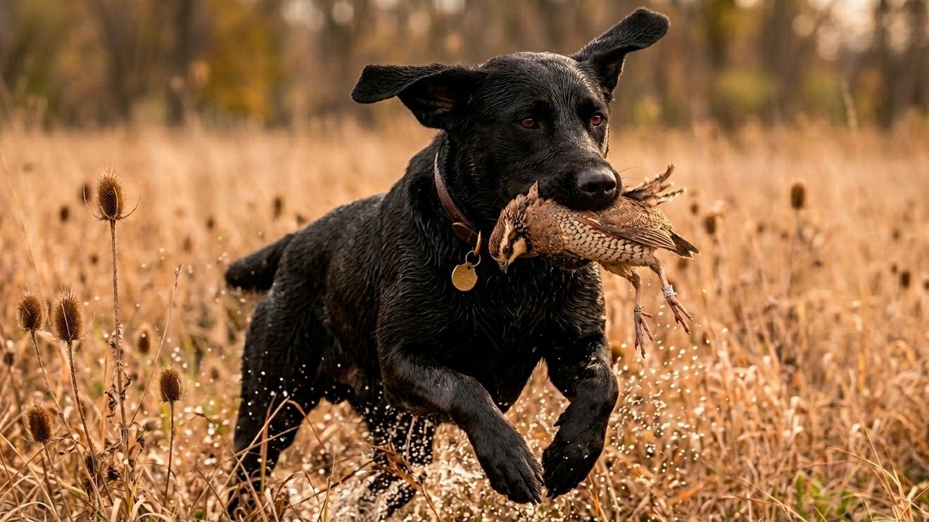Black retriever carrying quail through an upland field during an evening Delta Outdoors quail hunt.